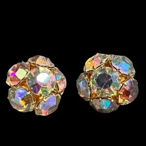 Crystal Iridescent Gold Toned Clip On Earrings